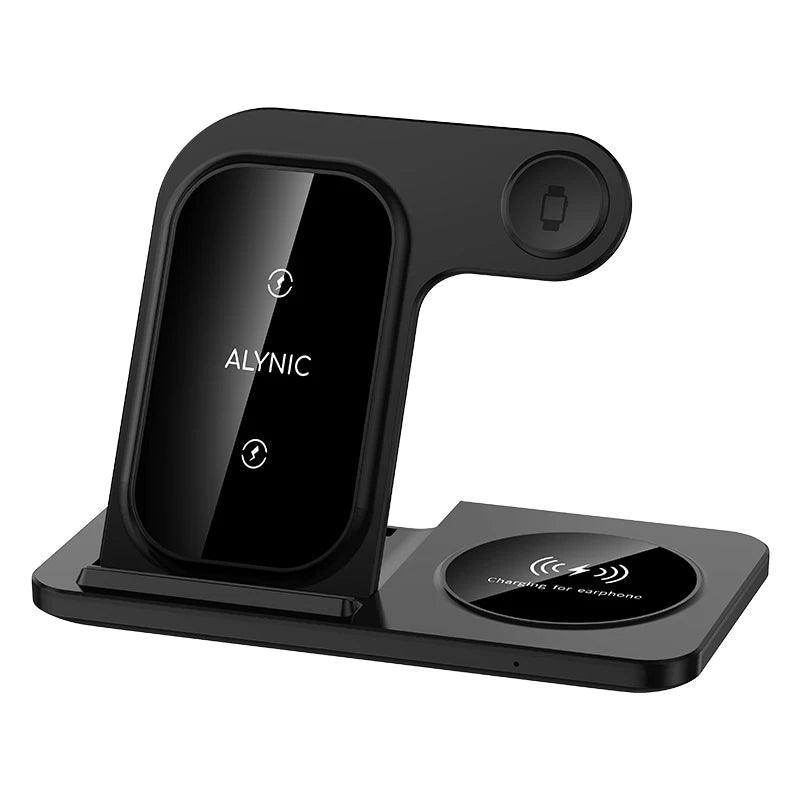 Base de carregamento sem fio rápida 3 em 1 dobrável de 30W para iPhone 15, 14, 13, 12, 11, Apple Watch (séries 9, 8, 7, 6, 5) e AirPods Pro.