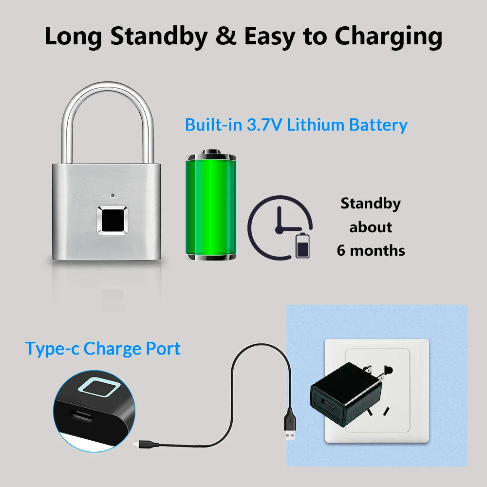 KERUI Smart Fingerprint Padlock Waterproof Zinc Alloy Biometric Padlocks With Built-in Rechargeable Battery Door Lock