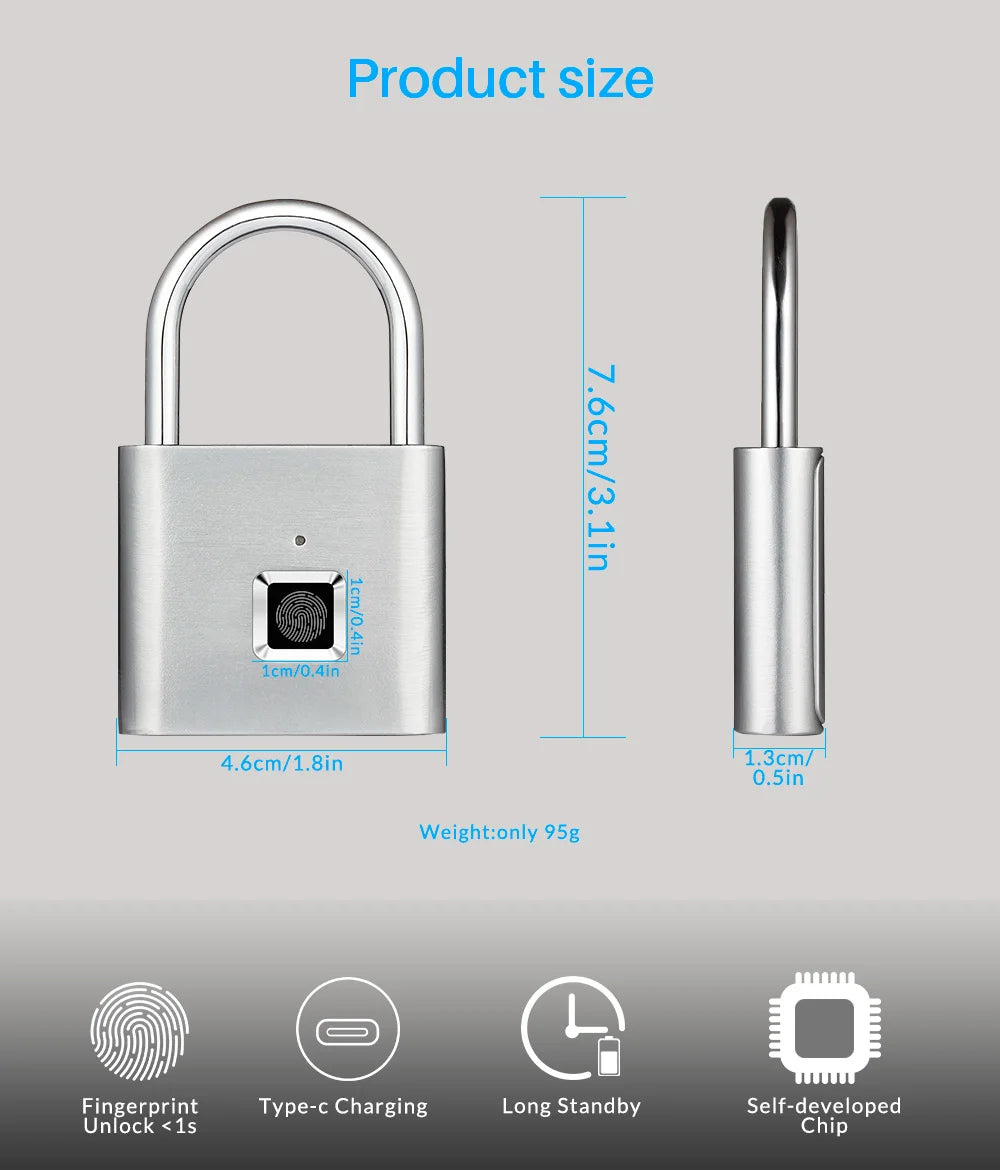 KERUI Smart Fingerprint Padlock Waterproof Zinc Alloy Biometric Padlocks With Built-in Rechargeable Battery Door Lock